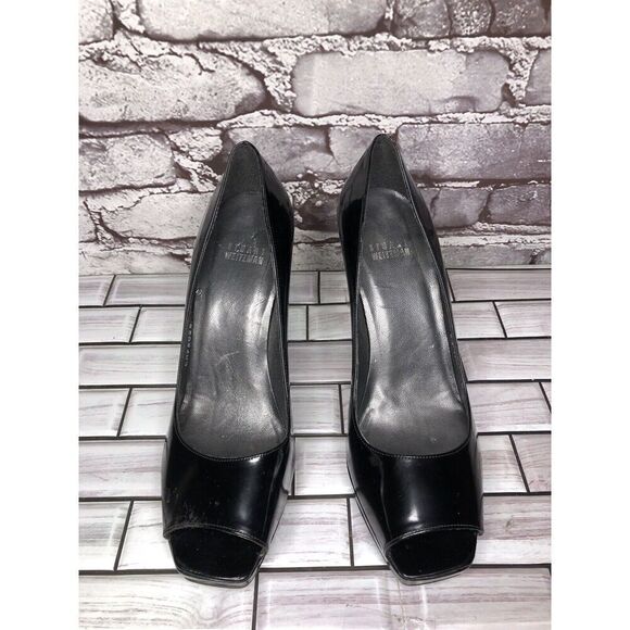 Stuart Weitzman Patent Leather Black Platform Peep Toe Heels Women sz 8.5M US/39 - Picture 4 of 16